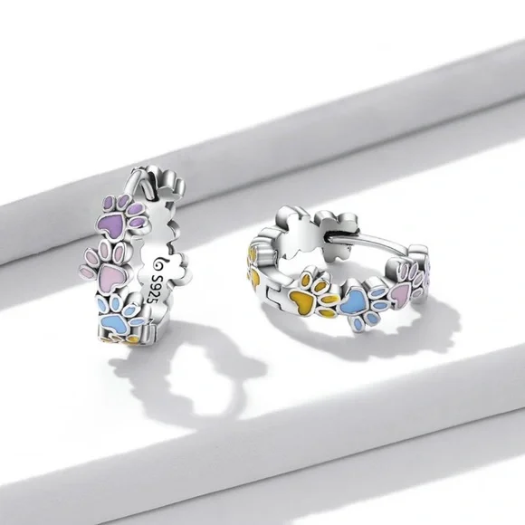 O82 - 🐾 Colorful Dog Cat Paw Footprint Earrings Sterling Silver 925 - Picture 3 of 7